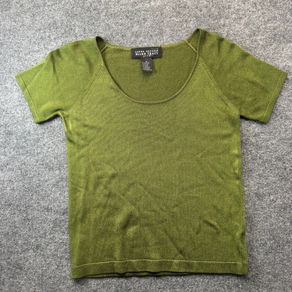 Linda Allard Ellen Tracy Shimmer Knit Top Womens M Green Short Sleeve Scoop Neck